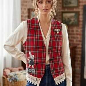 Red Plaid Lace-Hem Vest with Embroidered Motif